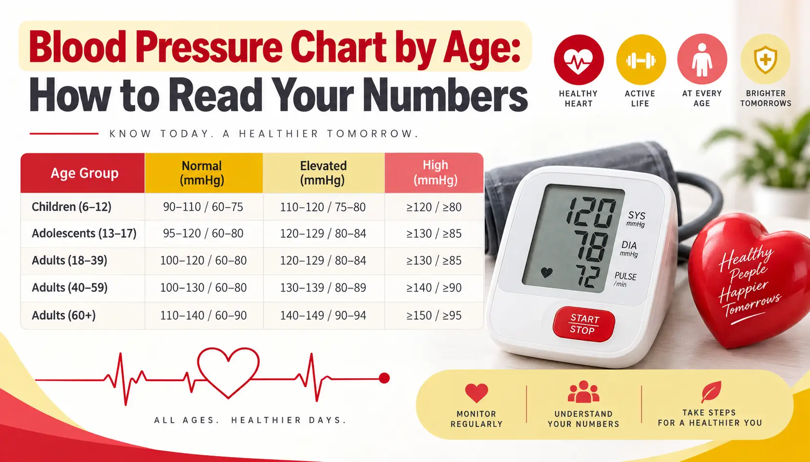 Blood pressure chart by age showing normal and high blood pressure ranges for adults