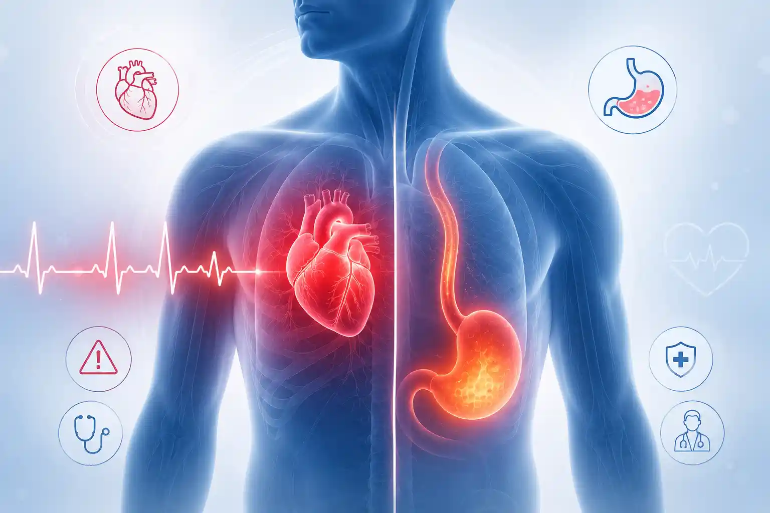 Medical illustration comparing chest pain and acidity symptoms with heart and stomach anatomy for cardiologist care in Hyderabad