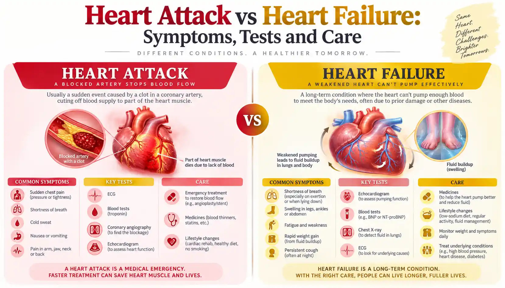 Hero image alt text: Diagram comparing blocked blood flow during a heart attack with reduced pumping in heart failure