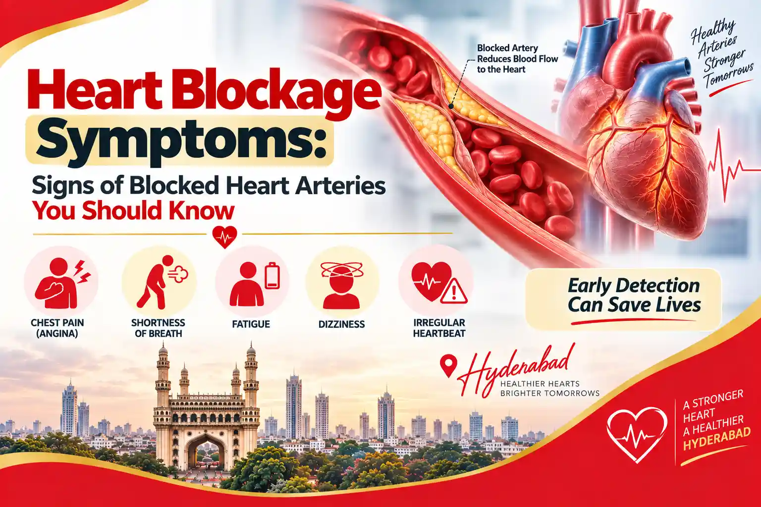 Illustration showing heart blockage symptoms with narrowed coronary arteries and chest discomfort
