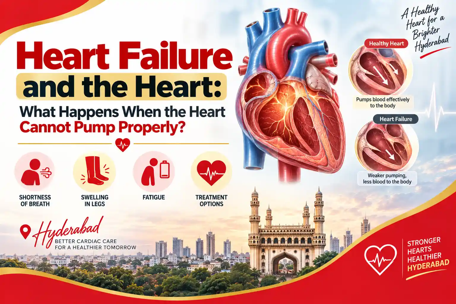 Illustration showing heart failure symptoms and the difference between left-sided and right-sided heart failure
