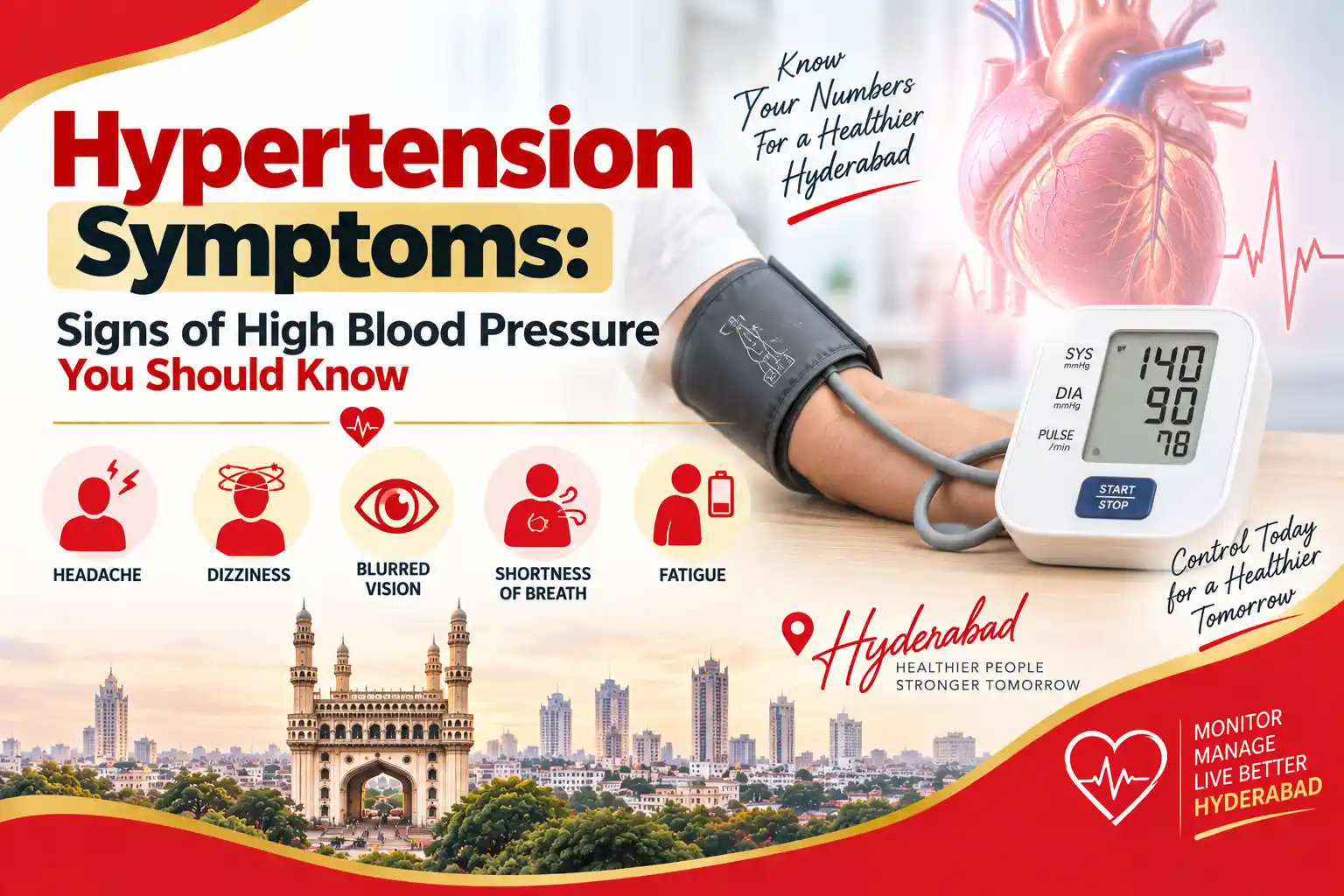 Illustration showing hypertension symptoms and high blood pressure measurement with a digital blood pressure monitor