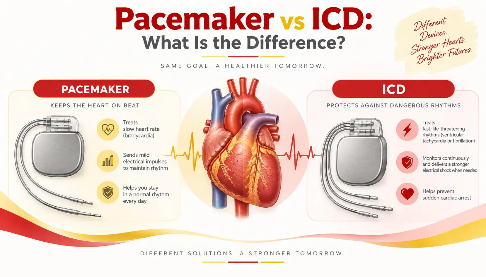 Medical illustration comparing a heart pacemaker with an implantable cardioverter defibrillator