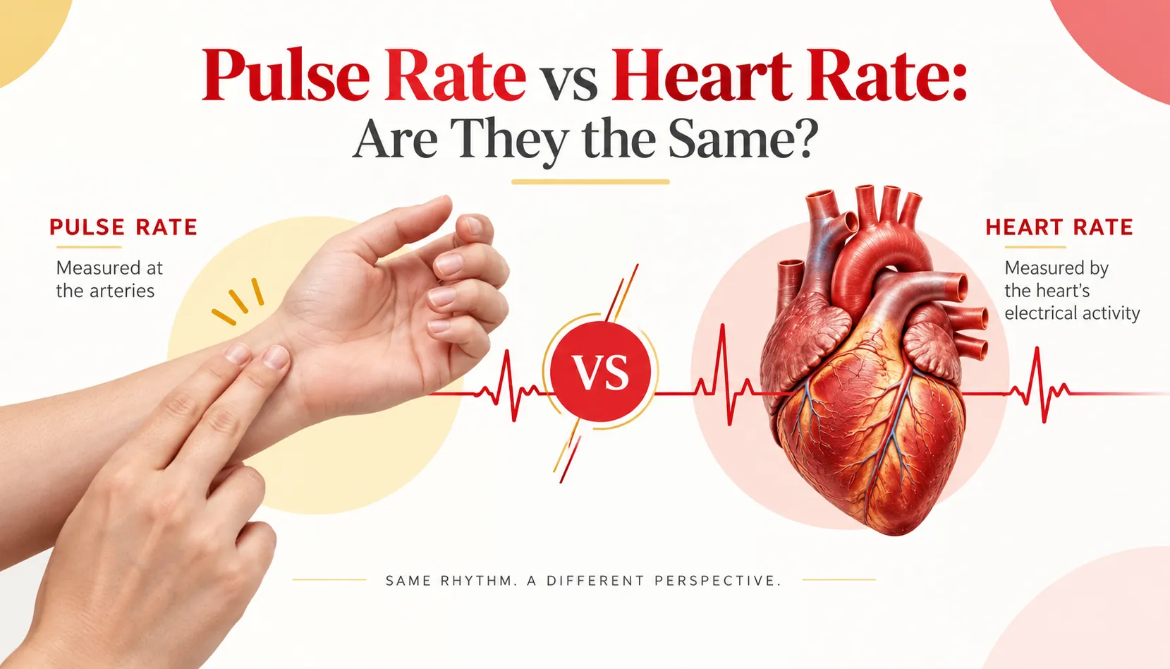Illustration comparing heartbeats measured by an ECG with pulse waves felt at the wrist