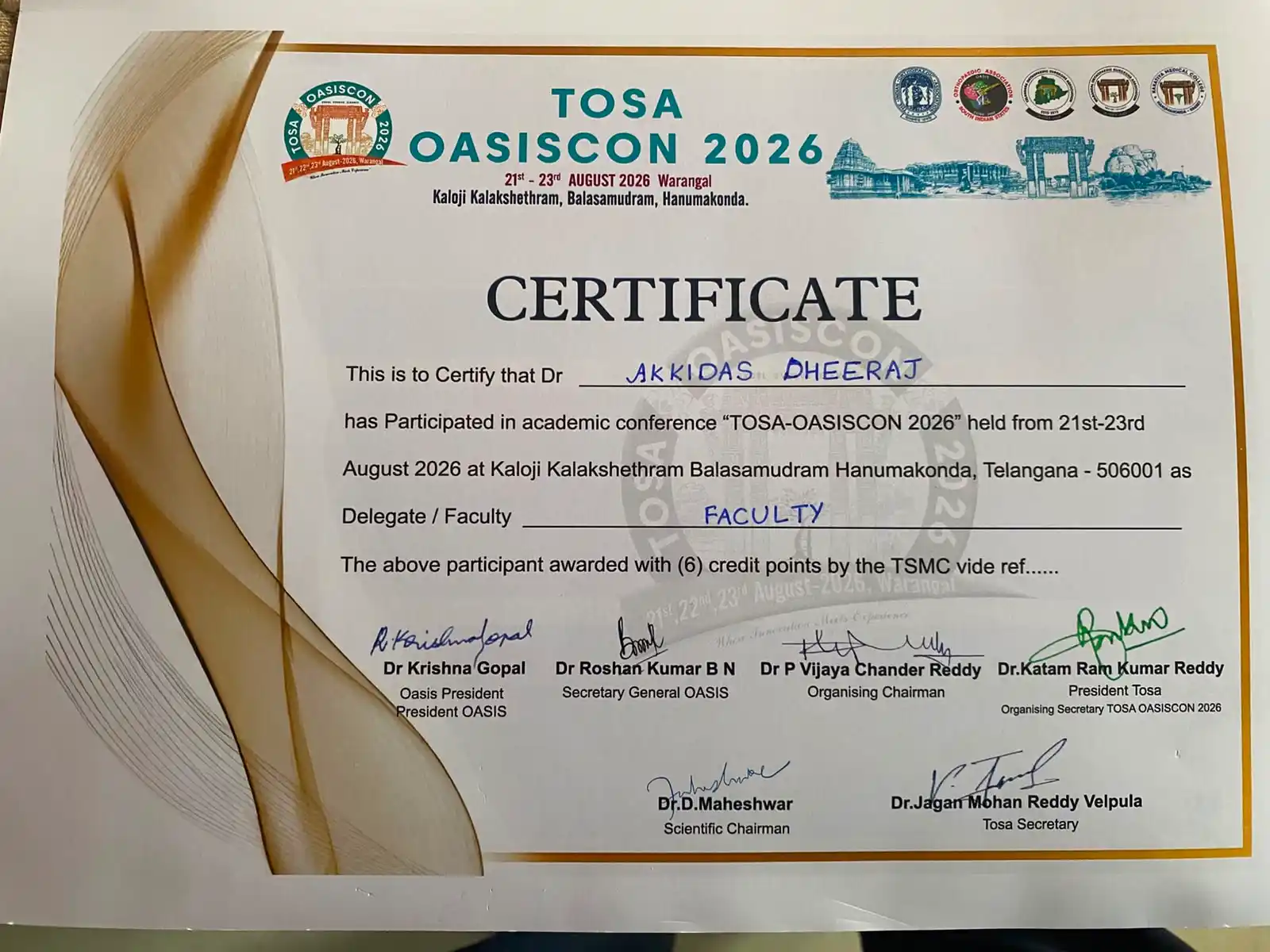 Dr Akkidas Dheeraj TOSA-OASISCON 2026 academic conference certificate